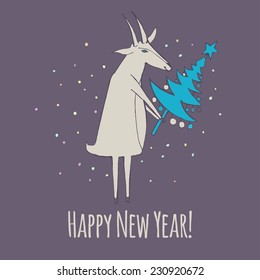 Goat with a Christmas tree. Vector illustration.