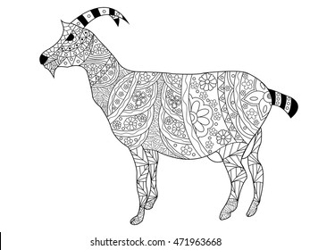Goat coloring book for adults vector illustration. Anti-stress coloring for adult. Zentangle style. Black and white pattern