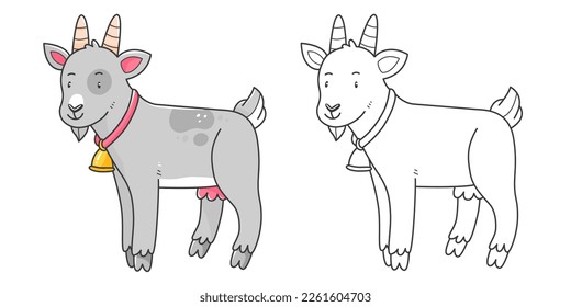 Goat coloring book with coloring example for kids. Coloring page with goat. Monochrome and color version. Vector children's illustration.