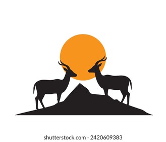 Goat couple silhouette on a hill on sunset, vector illustration. Minimalist art design isolated on white background. Wall artwork, poster art design