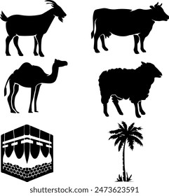 goat, cow, camel, sheep, kabah, and dates tree silhouette, asset ready for eid al adha