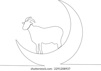 Eine Ziege und ein Halbmond. Eid al-Adha 1-zeilige Zeichnung