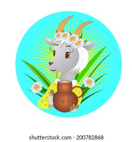 cabra con una polla en el fondo de la primavera, ilustración