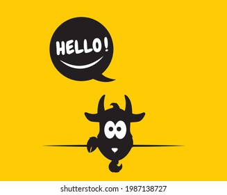 Goat cute fun cartoon illustration, vector. Hello said cartoon character. Pop art design. Funny poster design. Hello saying, message in bubble 