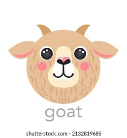 Goat Cute portrait with name text smile head cartoon round shape animal face, isolated vector icon illustrations on white background. Flat simple hand drawn for kids poster, t-shirts, baby clothes