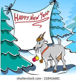 Goat decorates the Christmas tree balls for the new year