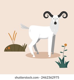 A goat depicted in a flat-style vector illustration, with subtle plant graphics around it. Perfect for Eid al-Adha animal illustrations.