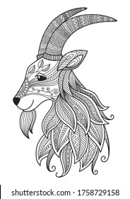 Goat doodle coloring book page. Antistress for adult. Zentangle style. Chinese symbol of the year the goat in the eastern horoscope. Black and white illustration