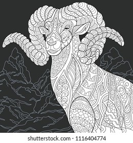 Goat drawn in line art style. Mountain background in black and white colors on chalkboard. Coloring book. Coloring page. Zentangle vector illustration.