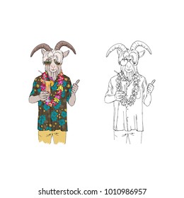 goat dressed up in aloha shirt, anthropomorphic animal illustration