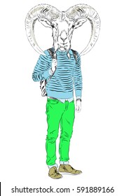 Goat dressed up in jeans, Chinese horoscope, anthropomorphic illustration.