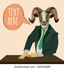 Goat dressed up in a suit - showing like a boss with message box, Vector Half Human and Half Animal illustration, Creative Anthropomorphic design.