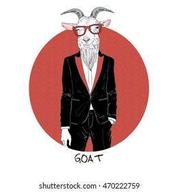 goat dressed up in tuxedo, Chinese horoscope, anthropomorphic illustration