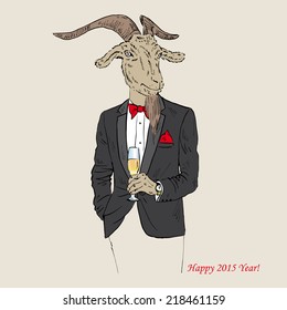 Goat dressed up in tuxedo with a glass of champagne, Happy New 2015 Year, Chinese horoscope