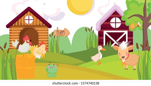 goat duck rooster hen chicken house barn farm animals vector illustration