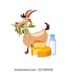 Goat Eating A Branch And Set Of Cheese And Milk Dairy Food, Farm And Farming Related Illustration In Bright Cartoon Style