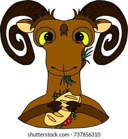 Goat eating a sandwich . Funny animals, cartoon characters, isolated on white. Flat style