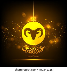 Goat face with Arabic calligraphy of Eid Al Adha for the celebration of Muslim community festival.