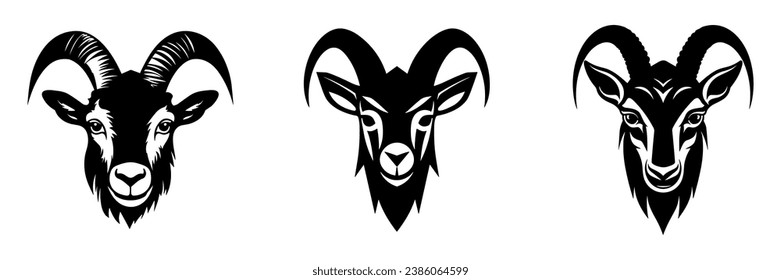 Goat face icon. Goat logo design. Set of black goat icons. Vector illustration