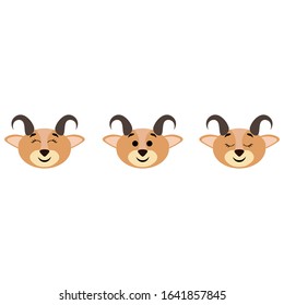 Goat face with open and closed eyes isolated on white background. Stock vector illustration for decoration and design, postcards, fabrics, packaging, baby textiles, poster, banner, books.