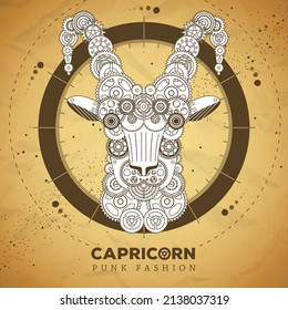 Goat face silhouette with gears on old paper texture background. Punk style. Vector illustration