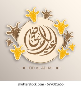 Goat faces with Arabic calligraphy of Eid Al Adha for the celebration of Muslim community festival.
