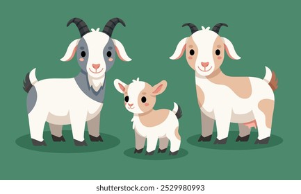 Goat Family Vector Illustration. A family of goats in a cute cartoon style: goat, doe, and kid. Ideal for kids' designs, farm-themed projects. Fun for prints, cards, and nursery decor.