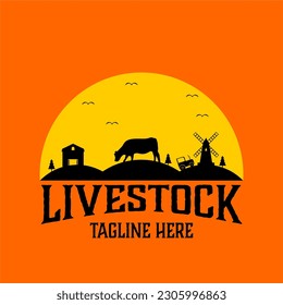 goat farm logo vector, vintage cattle logo design with farm background