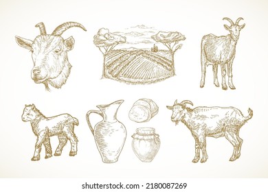 Goat Farm Products and Objects. Cattle, Milk, Cottage Cheese and Rustic Field Landscape Hand Drawn Vector Illustrations Set. Domestic Animals Sketch Bundle. Doodle Style Drawings Collection. Isolated