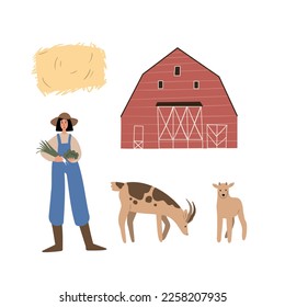 goat, farmer, farmhouse illustrations, domestic animals clipart, farm life illustrations, farmer flat vector style