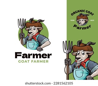 Logo-Design von Ziegenbauern Mascot. Playful Cartoon-Maskottchen perfekt für Landwirtschaft, Agrarwirtschaft und Marken