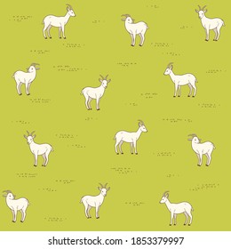 Goat in field grazing. Seamless trendy pattern with farm animal. Outline vector illustration for prints, clothing, packaging and postcards.