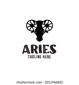 goat with film roll horn silhouette for retro vintage cinematography motion photograph mascot aries zodiac emblem logo design vector