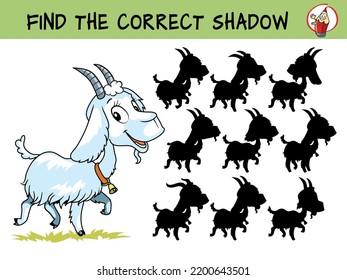 Goat. Find The Correct Shadow. Educational Matching Game For Children. Cartoon Vector Illustration
