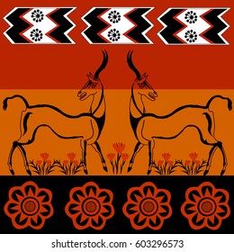 Goat and flowers - a drawing in the style of ancient Crete (islands in the Mediterranean Sea near Greece and Turkey). Vector illustration.