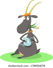 Goat with fresh milk. Jug full of milk. Funny cartoon character, colorful flat illustration on white background. Concept for farm dairy products