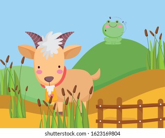 goat and frog in hill wooden fence plants farm animal cartoon vector illustration