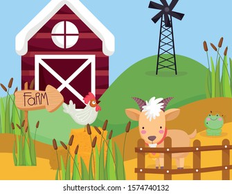 goat frog rooster in hay plants windmill barn fence farm animals vector illustration