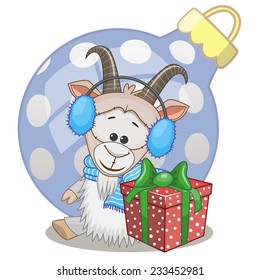 Goat in a fur headphones with gift 