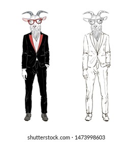 Goat gentleman dressed up in tuxedo. Anthropomorphic Animal zodiac sign character. Chinese New Year