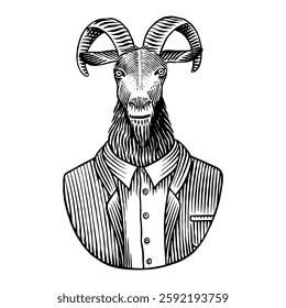 A goat gentleman in suit. Hand drawn animal character with horns in human clothes for beer bottle or web design. anthropomorphic cartoon animal. Engraved in traditional old style