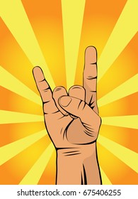 Goat gesture. Rock n roll sign icon. Rock n roll hand. Culture. Realistic pop art vector illustration. 