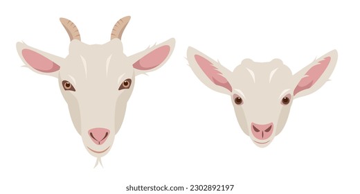 Goat and goatling kid faces. Goat Farm animals head icons. Dairy cattle goat portrait isolated on white background. Vector flat or cartoon illustration.