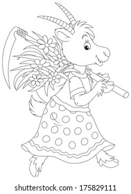 Goat going with a scythe and wisp of straw with flowers