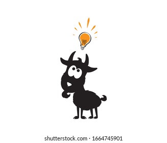 Goat got an idea, vector. Goat silhouette with light illustration. Cartoon character. Funny childish poster design. Wall art, artwork, wall decals isolated on white background