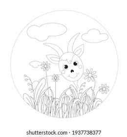 Goat in grass round monochrome banner. Flower leaves art nature design element stock vector illustration for web, for print