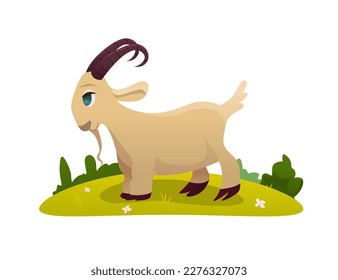 Goat Grazing in the Meadow. Cute Farm Animal. Vector Illustration in Cartoon Style.