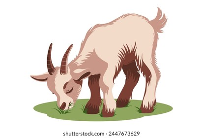 Goat. Grazing in the meadow. Vector drawing of a cartoon four-legged character. Domestic animal in crops. Cute goat in flat style. Small child, brute. Icon, illustration, web design, print.