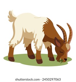 A goat. Grazing in the meadow. Vector drawing of cartoon four-legged character. Domestic animal in crops. Icon, illustration, web design, print.