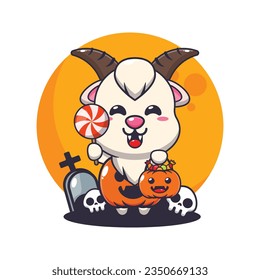 Goat with halloween pumpkin costume. Cute halloween cartoon illustration.
